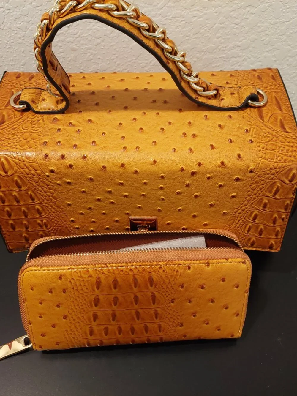 Ostrich print handbag and wallet